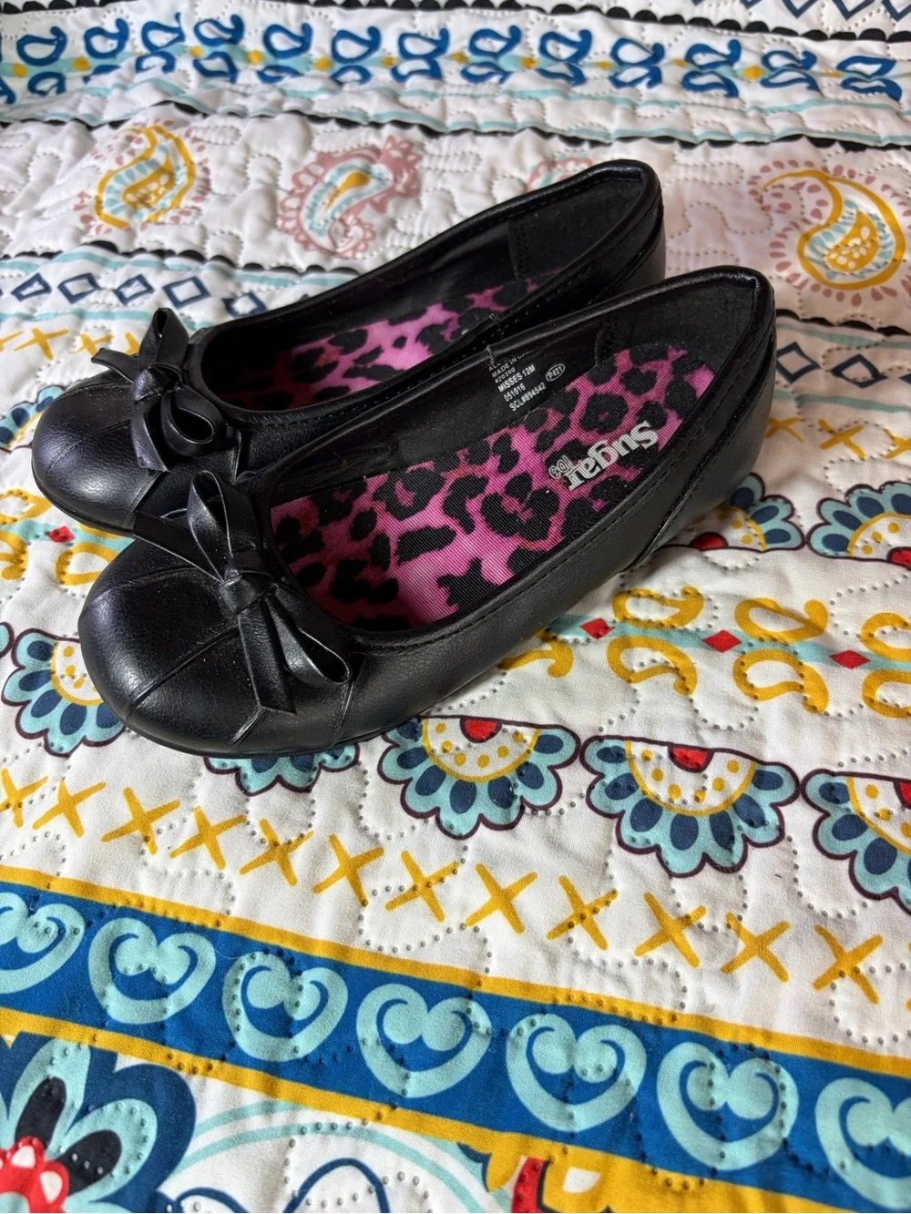 Sugar Black Ballet Flats with Pink Leopard Insole and Bow